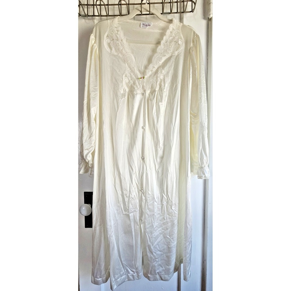 Vtg Vanity Fair night gown laced buttoned Nylon silky ruffle cuffs Sz L ivory